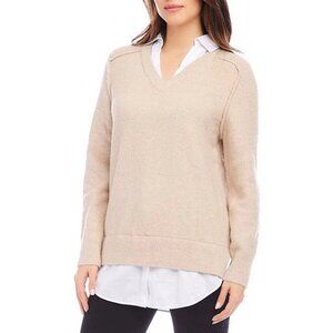 Karen Kane Tan and White V-Neck Sweater